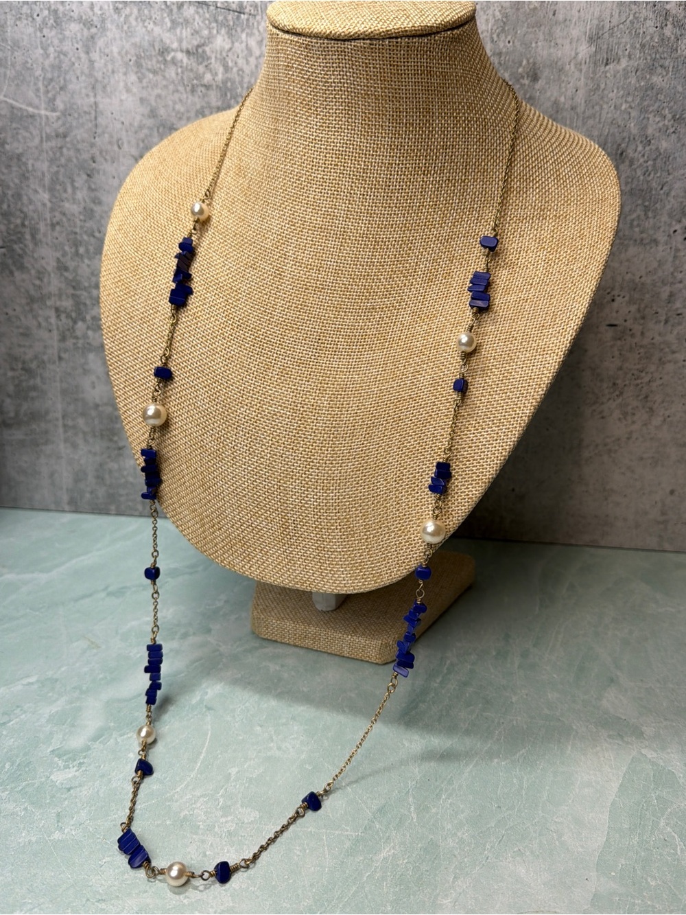 J. Crew Faux Pearl and Lapis Accent Long Necklace Gold Tone